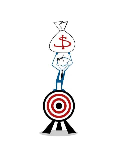 Vector εικονογράφηση ευτυχής επιχειρηματίας στέκεται πάνω από το στόχο και αυξάνοντας τα χέρια με Σάκκος με τα χρήματα — Διανυσματικό Αρχείο