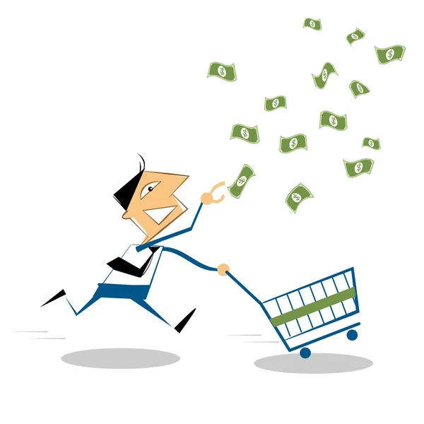 Vector homem de negócios dos desenhos animados correndo com carrinho de compras, para pegar o dinheiro no ar . —  Vetores de Stock