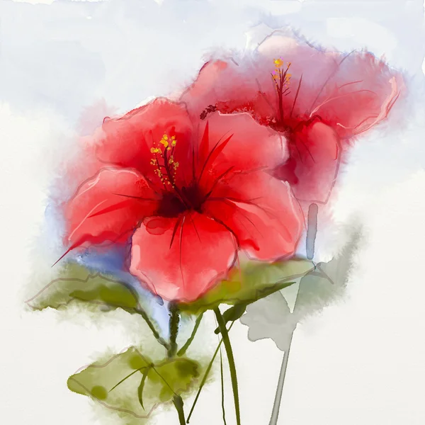 Aquarellmalerei rote Hibiskusblüte — Stockfoto