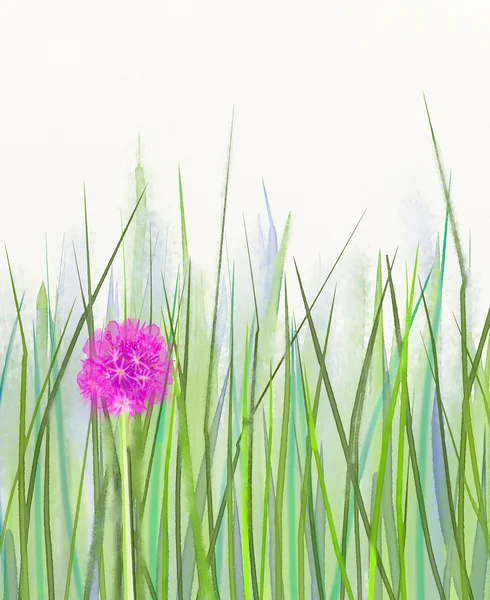 Acquerello pittura rosa chive fiore su sfondo foglia verde — Foto Stock