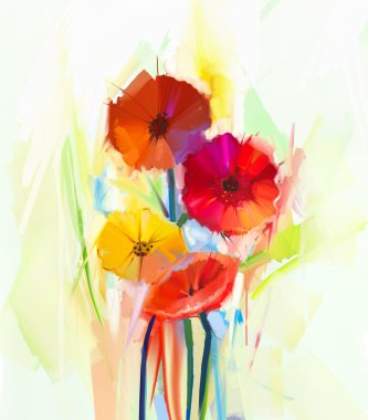 Bahar çiçek soyut Yağlıboya Resim. Natürmort sarı ve kırmızı gerbera çiçekleri