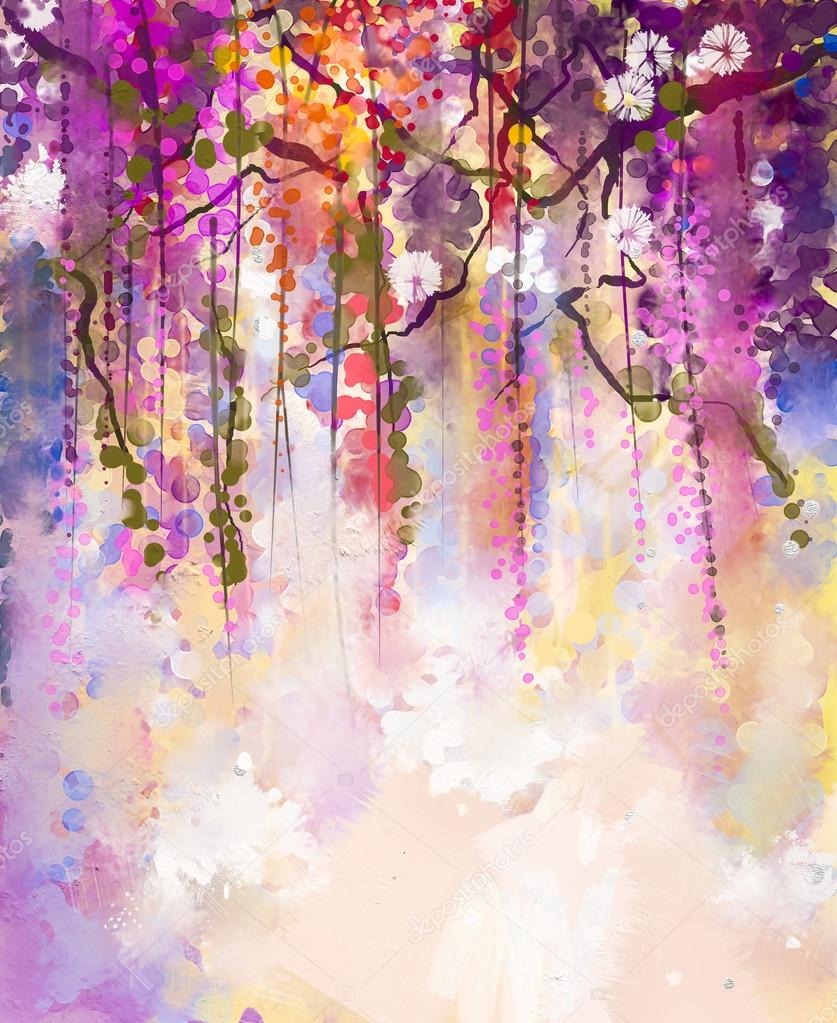 Watercolor painting. Spring purple flowers Wisteria