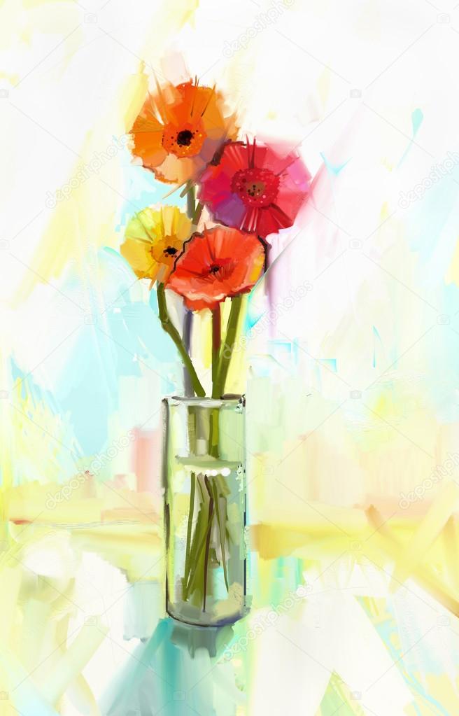 Oil painting  bouquet of yellow and red gerbera flowers in glass