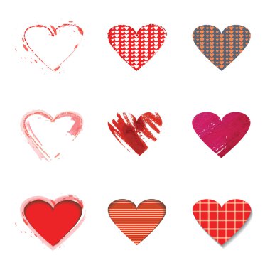 Vector illustration icon set of red hearts shape for Valentine's Day.Mix techniques design, drawn by hand, paint in watercolor, seamless patterns and flat icon long shadow.Isolated on white background