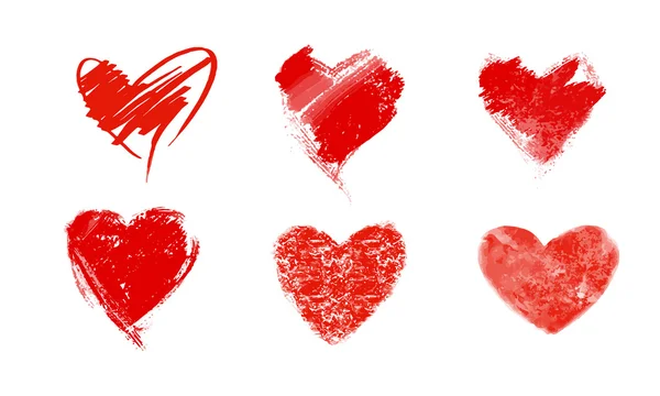 Vector illustration icon set of red hearts shape for Valentine's Day.Mix techniques set of drawn by hand, painted in watercolor, grunge texture. Isolated on white background — 스톡 벡터