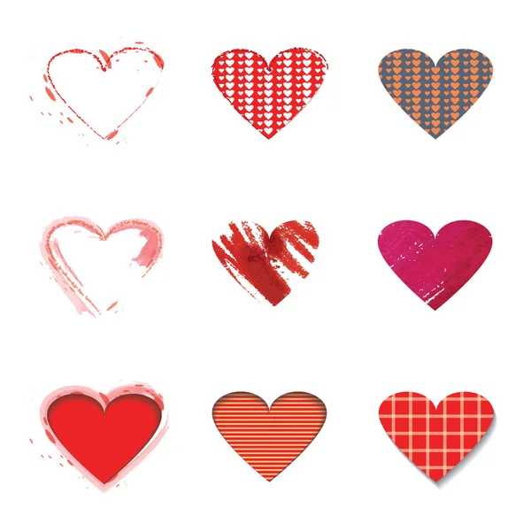 Vector illustration icon set of red hearts shape for Valentine's Day.Mix techniques design, drawn by hand, paint in watercolor, seamless patterns and flat icon long shadow.Isolated on white background — Διανυσματικό Αρχείο