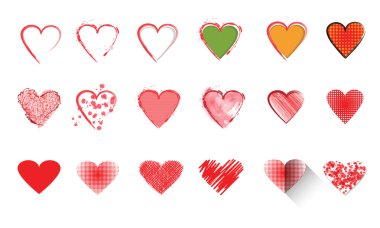 Vector illustration icon set of red hearts shape for Valentine's Day.Mix techniques set of drawn by hand, painted in watercolor, seamless patterns design and flat icon long shadow style, isolated on white background