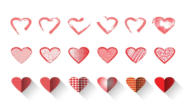 Vector illustration icon set of red hearts shape for Valentine's Day.Mix techniques design, drawn by hand, paint in watercolor, seamless patterns and flat icon long shadow.Isolated on white background — Stock vektor