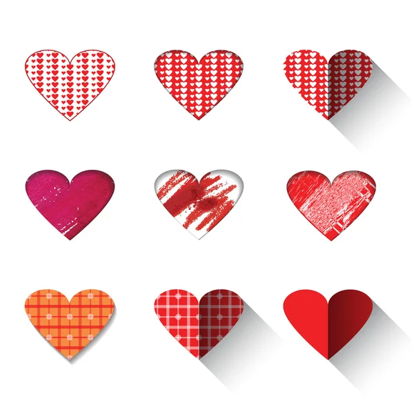 Vector illustration icon set of red hearts shape for Valentine's Day.Mix techniques design, drawn by hand, paint in watercolor, seamless patterns and flat icon long shadow.Isolated on white background — 스톡 벡터