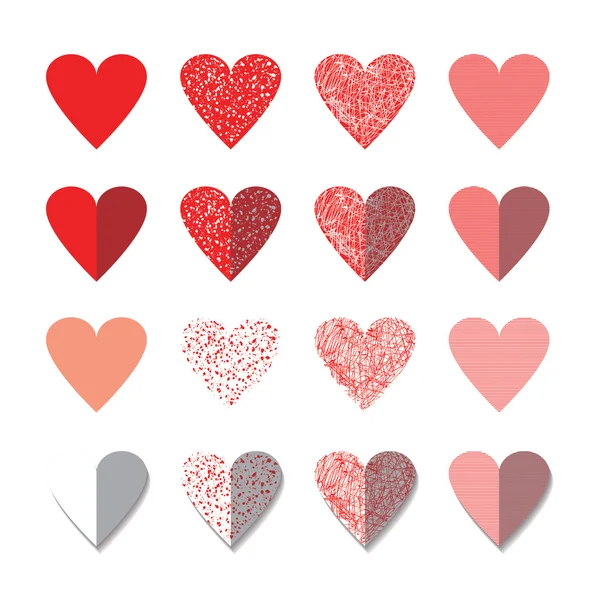 Vector illustration icon set of red hearts shape for Valentine's Day.Mix techniques design, drawn by hand, paint in watercolor, seamless patterns and flat icon long shadow.Isolated on white background — 스톡 벡터