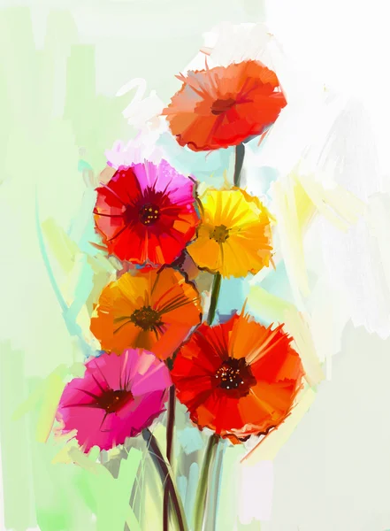 Pittura ad olio astratta di fiori primaverili. Natura morta di fiori di gerbera gialli e rossi. Dipinti a mano stile impressionista floreale — Foto Stock