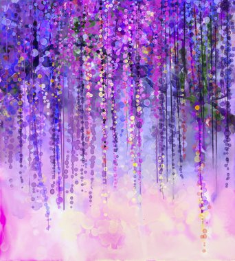 Abstract violet, red and yellow color flowers. Watercolor painting. Spring purple flowers Wisteria in blossom with bokeh background clipart