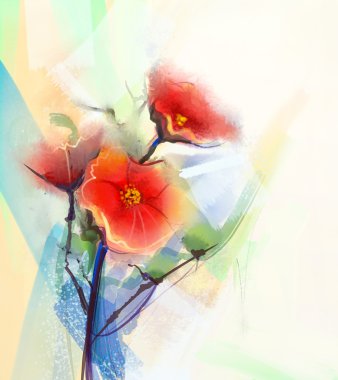 Abstract floral watercolor paintings.Red poppy flowers in soft color on grunge background