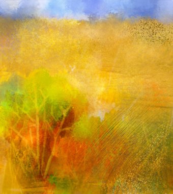 Abstract colorful oil painting landscape on canvas. Semi- abstract image of tree in yellow and green with blue sky. Spring season nature. grunge yellow texture background