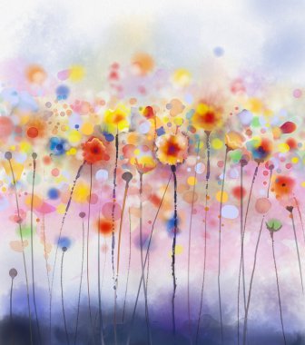 Abstract floral watercolor paintings.Red flowers in soft color on grunge paper background