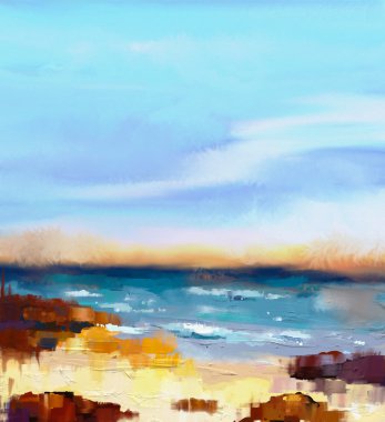 Abstract colorful oil painting seascape on canvas. Semi- abstract image of sea and beach with waves, rocks and blue sky. Summer season nature background