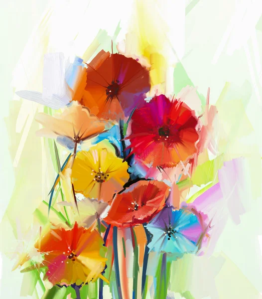 Abstraktes Ölgemälde von Frühlingsblumen. Stillleben von gelben und roten Gerbera-Blüten. handbemalter impressionistischer Blumenstil — Stockfoto