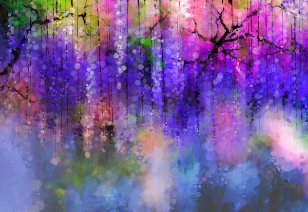 Abstract violet, red and yellow color flowers. Watercolor painting. Spring purple flowers Wisteria in blossom with bokeh background — 스톡 사진