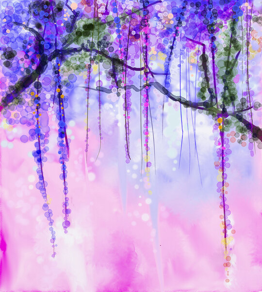 Abstract flowers watercolor painting. Spring purple flowers Wisteria with bokeh background
