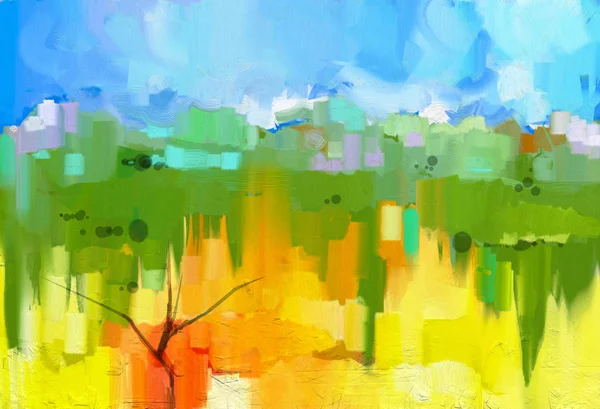 Abstract colorful oil painting landscape on canvas. Semi- abstract image of tree in yellow and green field with blue sky.Spring season nature background — Stockfoto