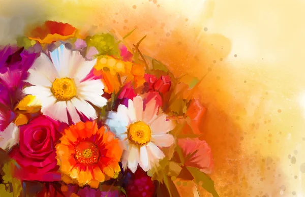 Closeup Natureza morta de flores de cor branca, amarela e vermelha. Pintura a óleo um buquê de rosa, margarida e gerbera flores com fundo de cor vermelha e amarela macia. Estilo impressionista floral pintado à mão — Fotografia de Stock