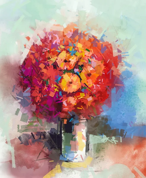 Résumé Nature morte un bouquet de fleurs. Peinture à l'huile fleurs de gerbera rouge dans un vase. Floral peint à la main dans un style impressionniste — Photo