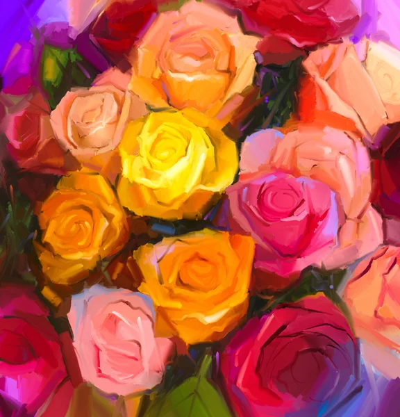 Stillleben von gelben und roten Farbblumen. Ölgemälde ein Strauß Rosenblumen. handbemalter impressionistischer Blumenstil. — Stockfoto