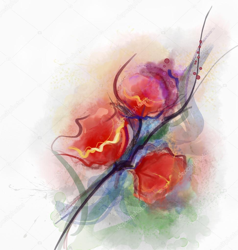 Abstract floral watercolor paintings.Red poppy flowers in soft color on grunge paper background