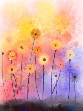 Abstract floral watercolor paintings.Red flowers in soft color on grunge paper background