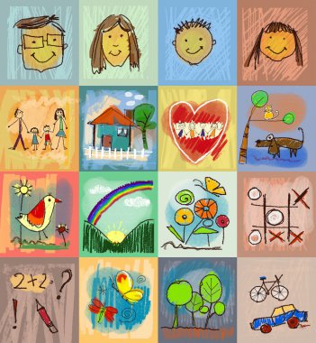Collection of cute drawings of kids, Children's Drawing Styles. Seamless and multicolored symbols set with  human family, animals, nature, objects on colorful background. Happy family concept