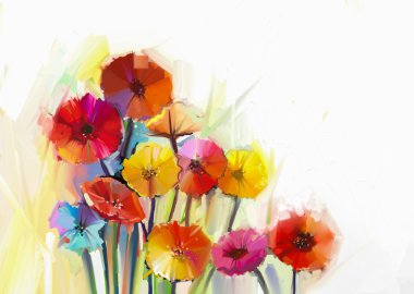 Still life of yellow and red gerbera flowers .Oil painting of spring flowers . Hand Painted floral Impressionist style