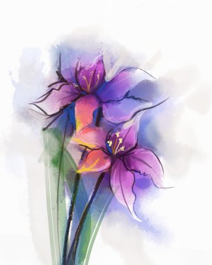Watercolor painting violet lily flowers blossom. Hand Painted Close up of lilies floral petals in soft color