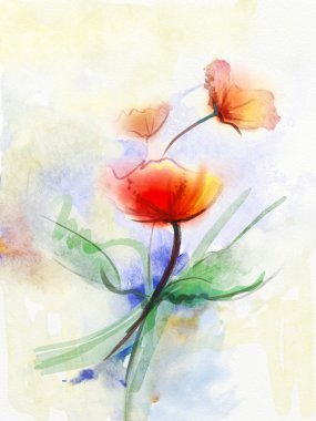 Abstract floral watercolor paintings.Red poppy flowers in soft color on grunge paper