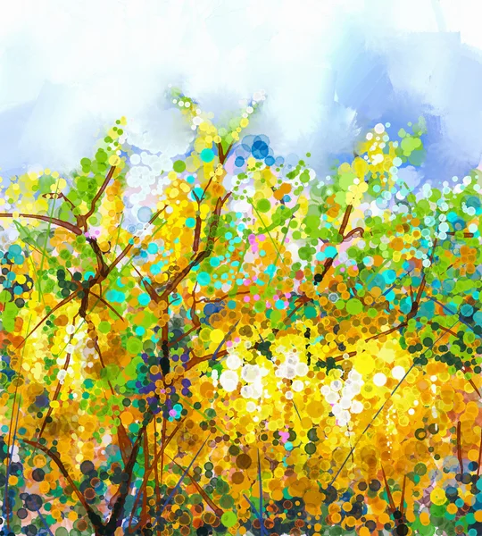 Fleurs abstraites aquarelle mélange peinture à l'huile. Printemps fleurs jaunes Wisteria arbre avec fond de couleur jaune et bleu doux . — Photo