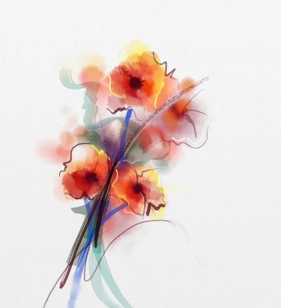Pinturas florais abstratas da aquarela. Flores vermelhas da papoula na cor macia no fundo do papel grunge — Fotografia de Stock