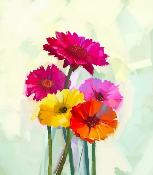 Natureza morta de flores de gerbera amarelas e vermelhas. Pintura a óleo de flores de primavera. Estilo impressionista floral pintado à mão — Fotografia de Stock