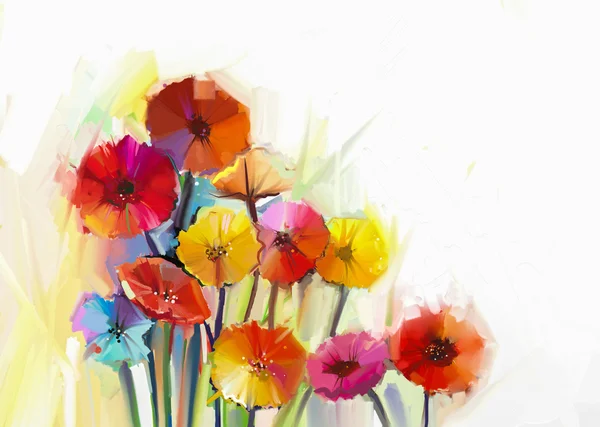 Natureza morta de flores de gerbera amarelas e vermelhas. Pintura a óleo de flores de primavera. Estilo impressionista floral pintado à mão — Fotografia de Stock