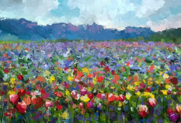 Oil painting Colorful spring summer rural landscape. Abstract Tulips flowers blossom in the meadow with hill and blue sky color background. — Stock Fotó