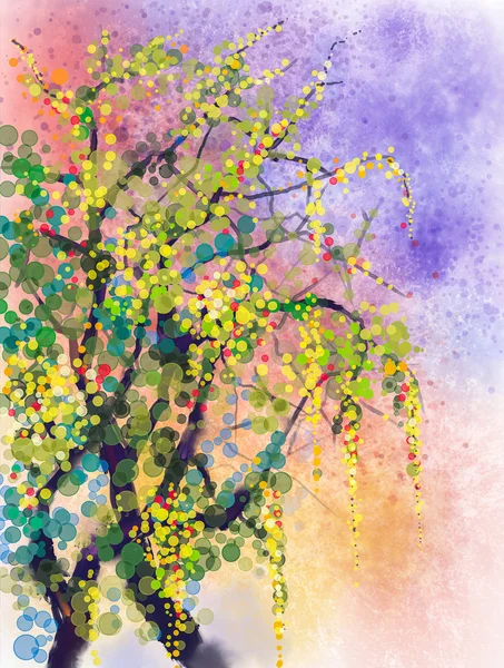 Flores abstractas acuarela pintura. Primavera temporada de naturaleza con flores amarillas Árbol de Wisteria sobre fondo de acuarela grunge amarillo y azul — Foto de Stock