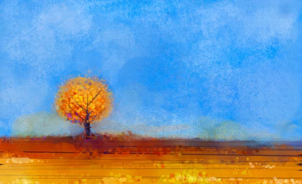 Abstract landschap, boom en veld olieverfschilderij. Geel, oranje, rood en blauwe hemel van vallende seizoen — Stockfoto