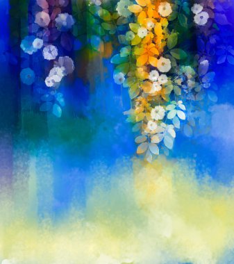 Abstract flowers watercolor painting.Hand paint White flower with soft green leaves  on blue and green color background. Spring flower seasonal nature background