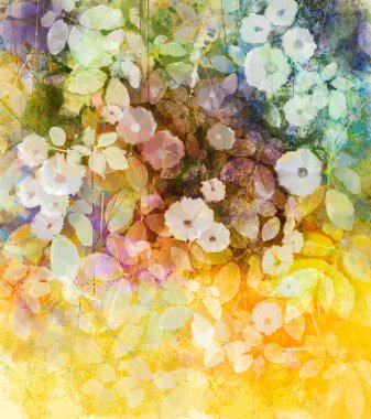 Watercolor painting white flowers and soft color leaves. Yellow-brown color texture on grunge paper background. Vintage paint flower style