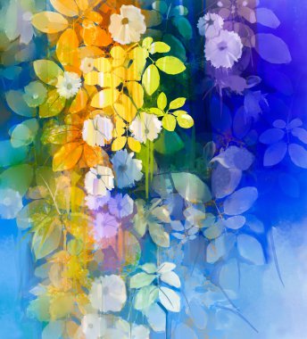 Abstract flowers watercolor painting. Hand paint White flower with soft green leaves on blue and green color background. Spring flower seasonal nature