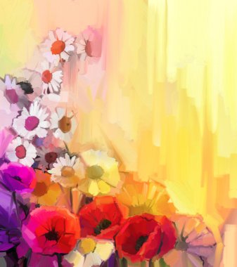 Oil painting Still life of white,yellow and red color flowers. Hand Paint a bouquet of poppy, daisy and gerbera flower on yellow and orange background