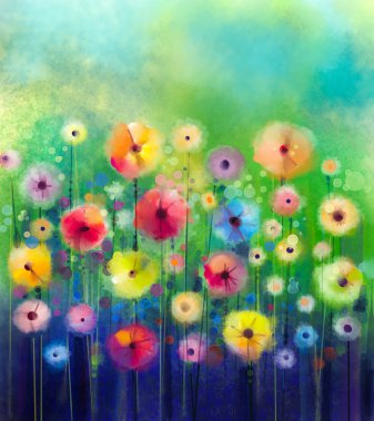 Abstract floral watercolor painting. Hand paint Yellow and Red flowers in soft color on green color background. Spring flower seasonal nature background