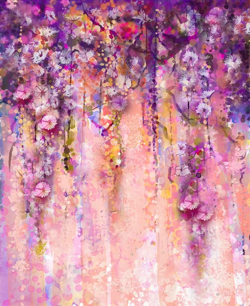 Abstract pink and violet color flowers, Watercolor painting. Hand paint flower Wisteria tree in blossom with bokeh over light purple background. Spring flower seasonal nature background — Stockfoto