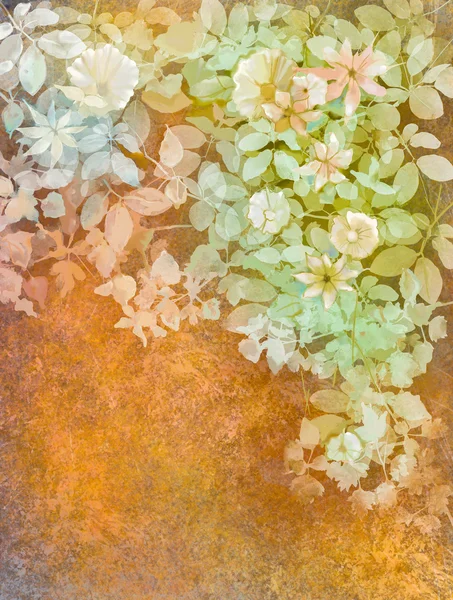 Watercolor painting white flowers and soft green leaves. Yellow-brown color texture on grunge paper background. Vintage painting flowers style in soft color and blur background — Φωτογραφία Αρχείου