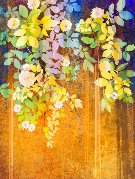 Ακουαρέλα ζωγραφική άσπρα λουλούδια και μαλακά πράσινα φύλλα. Κίτρινο-καφέ χρώμα υφή για Grunge φόντο. — Φωτογραφία Αρχείου