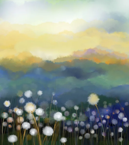 Abstract oil painting white flowers field in soft color. Oil paintings white dandelion flower in the meadows