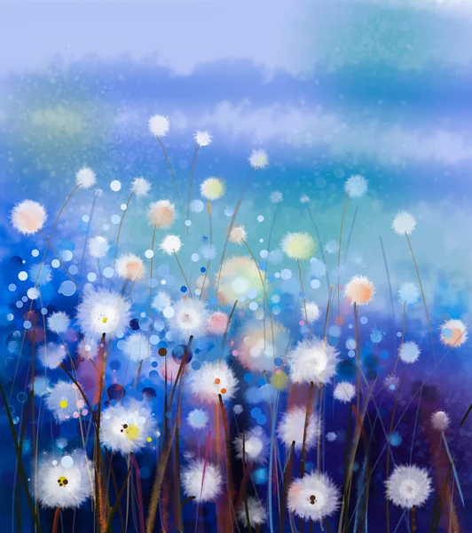 Abstract oil painting white flowers field in soft color. Oil paintings white dandelion flower in the meadows — Stock Photo, Image